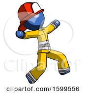 Poster, Art Print Of Blue Firefighter Fireman Man Running Away In Hysterical Panic Direction Right