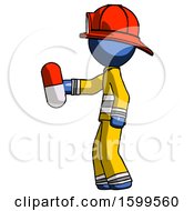 Poster, Art Print Of Blue Firefighter Fireman Man Holding Red Pill Walking To Left
