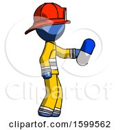 Blue Firefighter Fireman Man Holding Blue Pill Walking To Right