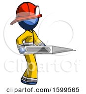 Blue Firefighter Fireman Man Walking With Large Thermometer