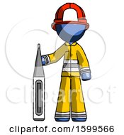 Poster, Art Print Of Blue Firefighter Fireman Man Standing With Large Thermometer