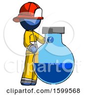 Poster, Art Print Of Blue Firefighter Fireman Man Standing Beside Large Round Flask Or Beaker