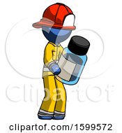 Blue Firefighter Fireman Man Holding Glass Medicine Bottle