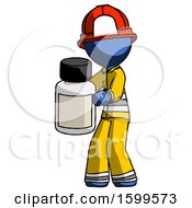 Blue Firefighter Fireman Man Holding White Medicine Bottle