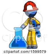 Poster, Art Print Of Blue Firefighter Fireman Man Holding Test Tube Beside Beaker Or Flask
