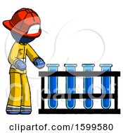 Poster, Art Print Of Blue Firefighter Fireman Man Using Test Tubes Or Vials On Rack