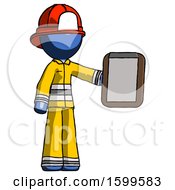 Poster, Art Print Of Blue Firefighter Fireman Man Showing Clipboard To Viewer