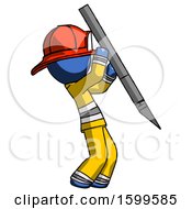 Poster, Art Print Of Blue Firefighter Fireman Man Stabbing Or Cutting With Scalpel