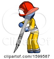 Poster, Art Print Of Blue Firefighter Fireman Man Cutting With Large Scalpel