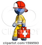 Poster, Art Print Of Blue Firefighter Fireman Man Walking With Medical Aid Briefcase To Left