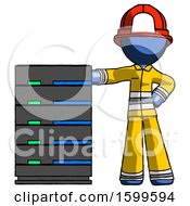 Blue Firefighter Fireman Man With Server Rack Leaning Confidently Against It