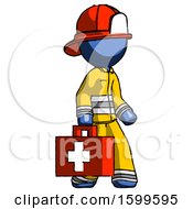 Blue Firefighter Fireman Man Walking With Medical Aid Briefcase To Right