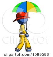 Poster, Art Print Of Blue Firefighter Fireman Man Walking With Colored Umbrella