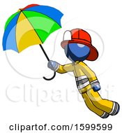 Poster, Art Print Of Blue Firefighter Fireman Man Flying With Rainbow Colored Umbrella