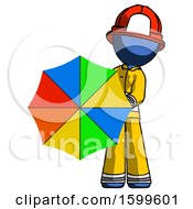 Poster, Art Print Of Blue Firefighter Fireman Man Holding Rainbow Umbrella Out To Viewer