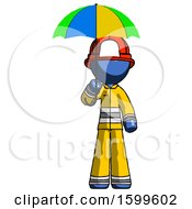 Poster, Art Print Of Blue Firefighter Fireman Man Holding Umbrella Rainbow Colored