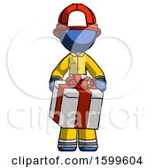 Poster, Art Print Of Blue Firefighter Fireman Man Gifting Present With Large Bow Front View