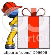 Blue Firefighter Fireman Man Gift Concept Leaning Against Large Present