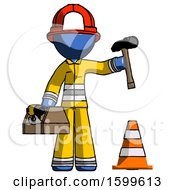 Poster, Art Print Of Blue Firefighter Fireman Man Under Construction Concept Traffic Cone And Tools