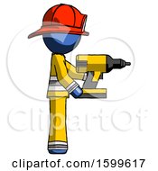 Poster, Art Print Of Blue Firefighter Fireman Man Using Drill Drilling Something On Right Side
