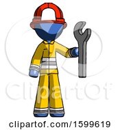 Blue Firefighter Fireman Man Holding Wrench Ready To Repair Or Work