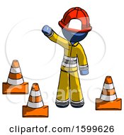 Poster, Art Print Of Blue Firefighter Fireman Man Standing By Traffic Cones Waving