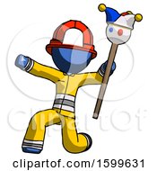 Poster, Art Print Of Blue Firefighter Fireman Man Holding Jester Staff Posing Charismatically