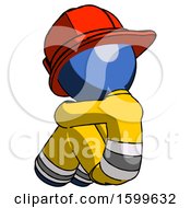 Poster, Art Print Of Blue Firefighter Fireman Man Sitting With Head Down Back View Facing Left