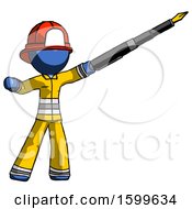 Blue Firefighter Fireman Man Pen Is Mightier Than The Sword Calligraphy Pose