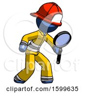 Poster, Art Print Of Blue Firefighter Fireman Man Inspecting With Large Magnifying Glass Right