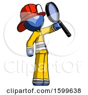 Poster, Art Print Of Blue Firefighter Fireman Man Inspecting With Large Magnifying Glass Facing Up