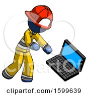 Poster, Art Print Of Blue Firefighter Fireman Man Throwing Laptop Computer In Frustration