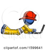 Poster, Art Print Of Blue Firefighter Fireman Man Using Laptop Computer While Lying On Floor Side View