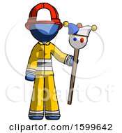 Poster, Art Print Of Blue Firefighter Fireman Man Holding Jester Staff