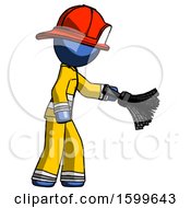 Poster, Art Print Of Blue Firefighter Fireman Man Dusting With Feather Duster Downwards