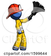 Poster, Art Print Of Blue Firefighter Fireman Man Dusting With Feather Duster Upwards