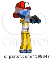 Poster, Art Print Of Blue Firefighter Fireman Man Holding Binoculars Ready To Look Right