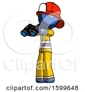 Poster, Art Print Of Blue Firefighter Fireman Man Holding Binoculars Ready To Look Left