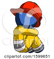 Poster, Art Print Of Blue Firefighter Fireman Man Sitting With Head Down Back View Facing Right