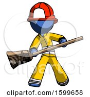Poster, Art Print Of Blue Firefighter Fireman Man Broom Fighter Defense Pose