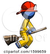 Poster, Art Print Of Blue Firefighter Fireman Man Flying On Broom