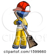 Poster, Art Print Of Blue Firefighter Fireman Man Sweeping Area With Broom