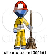 Poster, Art Print Of Blue Firefighter Fireman Man Standing With Broom Cleaning Services