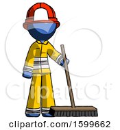 Poster, Art Print Of Blue Firefighter Fireman Man Standing With Industrial Broom