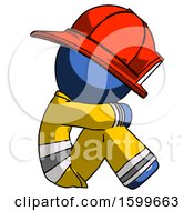 Poster, Art Print Of Blue Firefighter Fireman Man Sitting With Head Down Facing Sideways Right