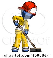 Poster, Art Print Of Blue Firefighter Fireman Man Cleaning Services Janitor Sweeping Side View