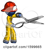 Poster, Art Print Of Blue Firefighter Fireman Man Holding Giant Scissors Cutting Out Something
