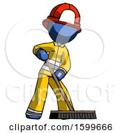 Poster, Art Print Of Blue Firefighter Fireman Man Cleaning Services Janitor Sweeping Floor With Push Broom