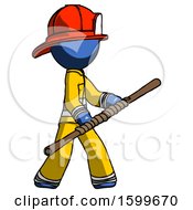 Poster, Art Print Of Blue Firefighter Fireman Man Holding Bo Staff In Sideways Defense Pose