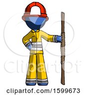 Poster, Art Print Of Blue Firefighter Fireman Man Holding Staff Or Bo Staff